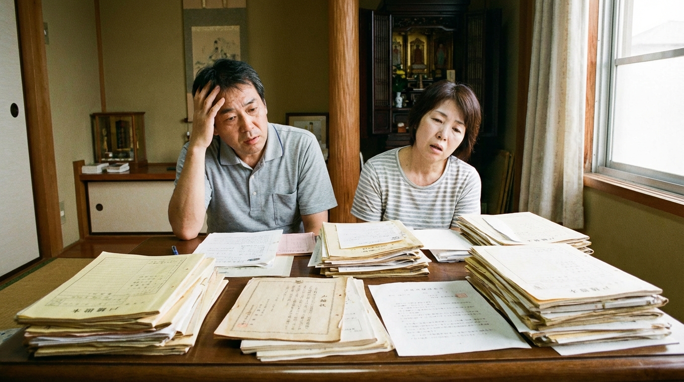 大量の戸籍謄本を前に頭を抱える夫婦。多数相続における相続人調査の大変さを表している。