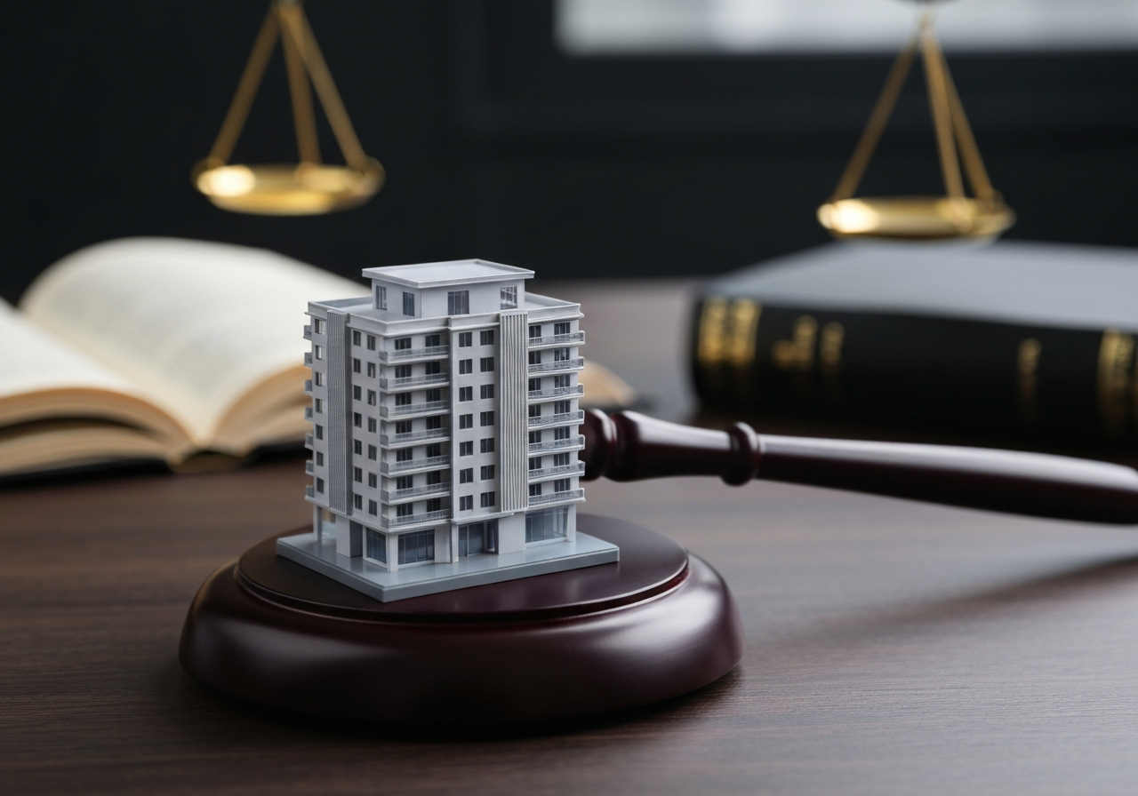 裁判官が使う木槌の上に置かれた投資用マンションの模型。不動産投資と自己破産という法的手続きの関連性を示している。