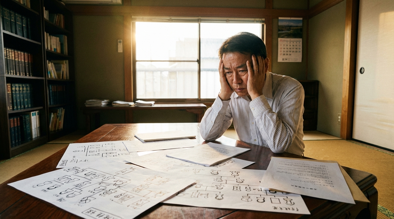複雑な相続関係の書類を前に悩む男性。