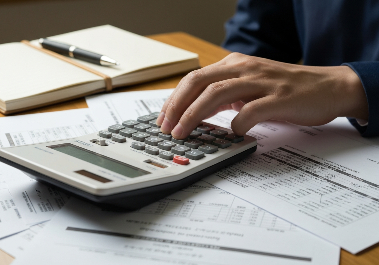 電卓と書類。遺留分計算の基礎となる財産調査のイメージ。