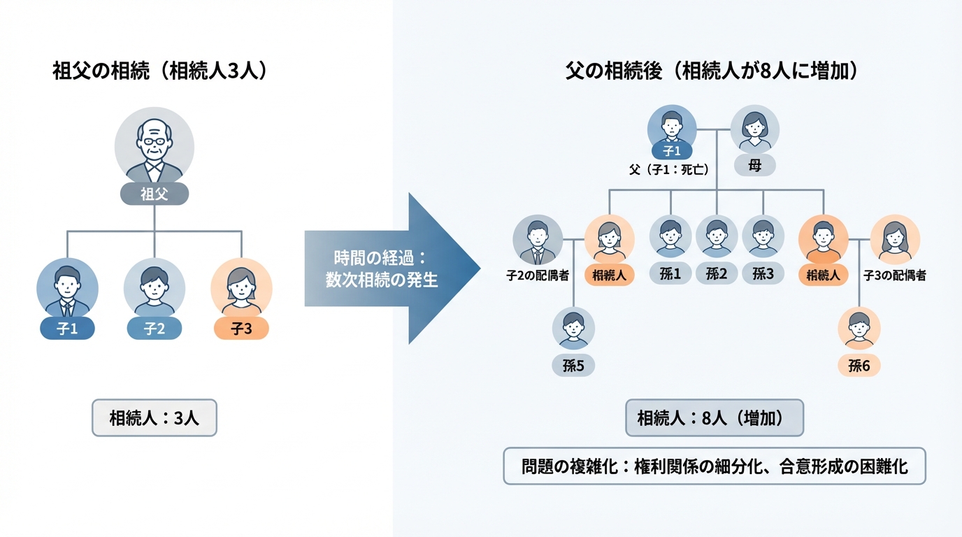 数次相続によって相続人がネズミ算式に増えていく様子を示した図解。遺産分割を放置するリスクを説明している。
