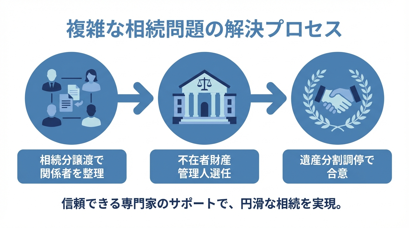 複雑な相続問題を解決するための3つのステップ（相続分譲渡、不在者財産管理人選任、遺産分割調停）を示した図解。