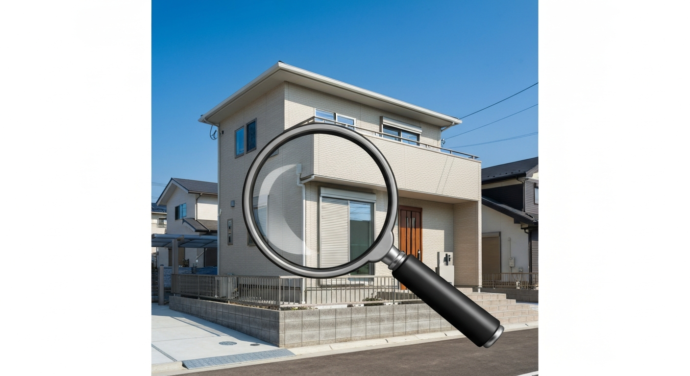 日本の住宅と虫眼鏡。不動産の適正な時価評価の重要性を示すイメージ。