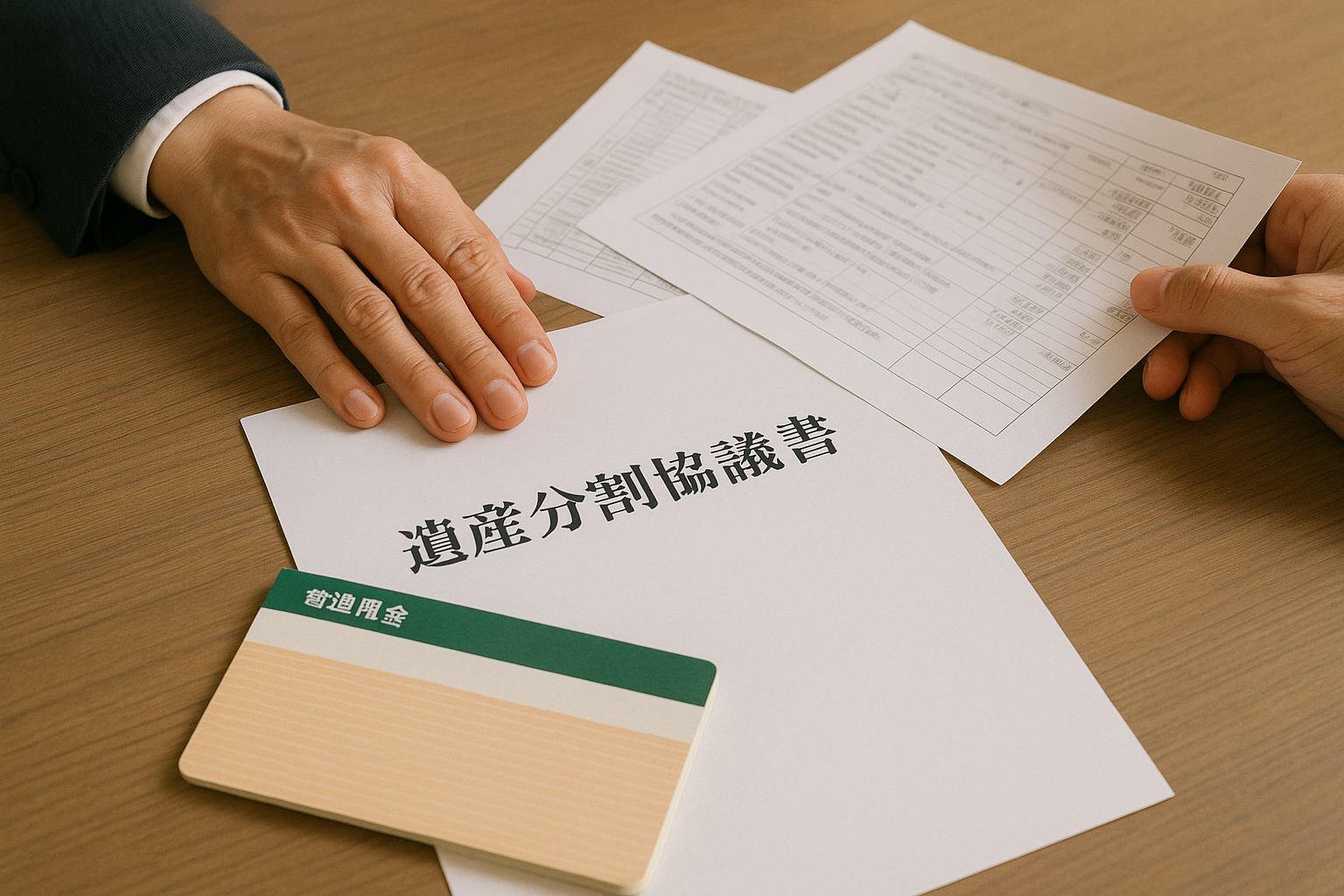 民事訴訟の準備として、遺産分割協議書や預金通帳などの証拠を整理している様子。