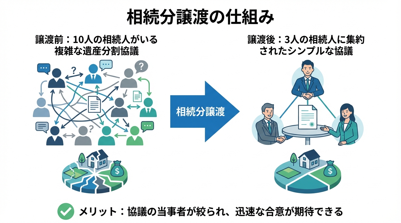 相続分譲渡によって多数の相続人が少人数に集約され、遺産分割協議がシンプルになる仕組みの図解。