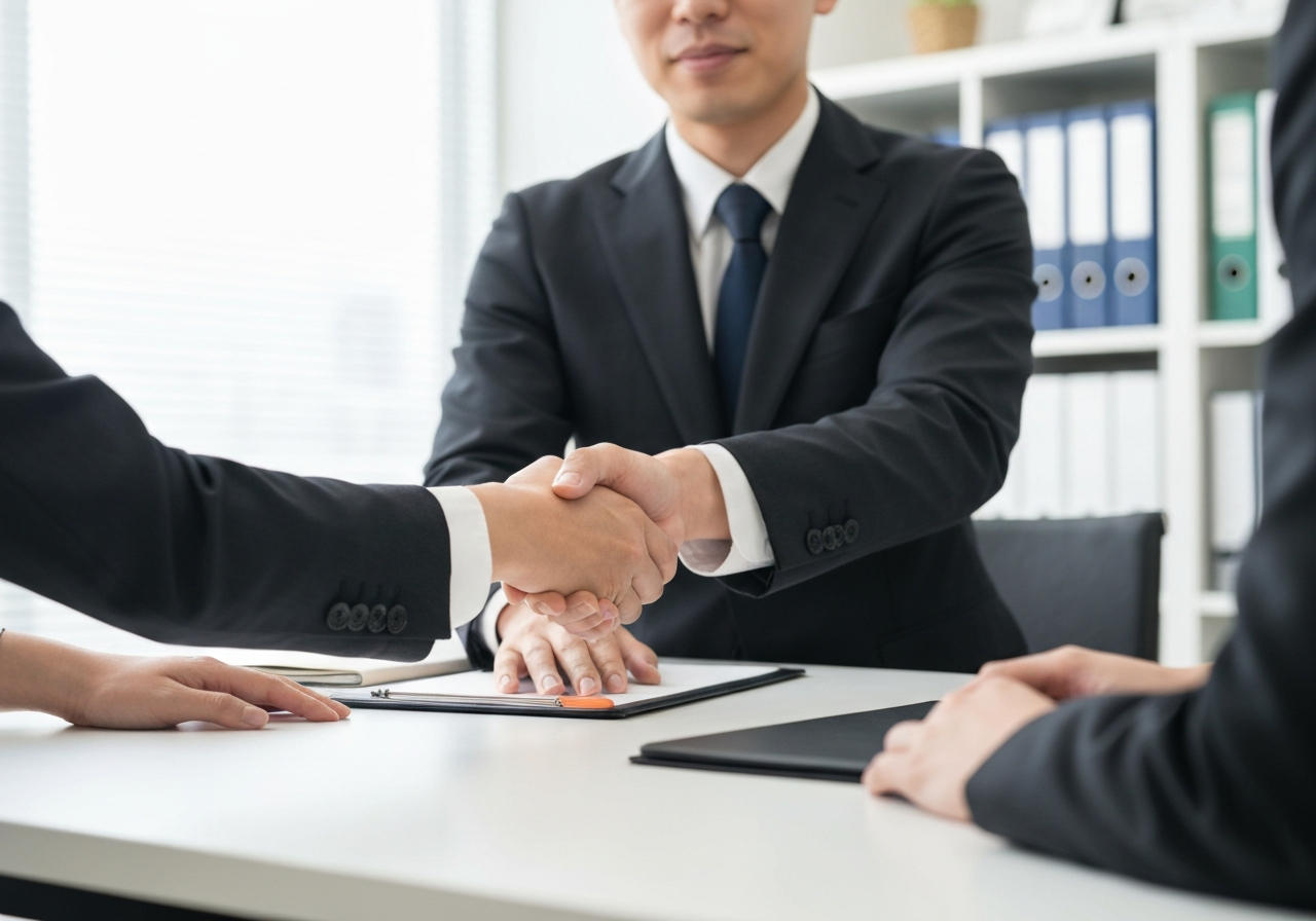 弁護士と依頼者が固く握手をしている様子。破産管財人経験のある専門家に相談することの安心感と信頼関係を表している。