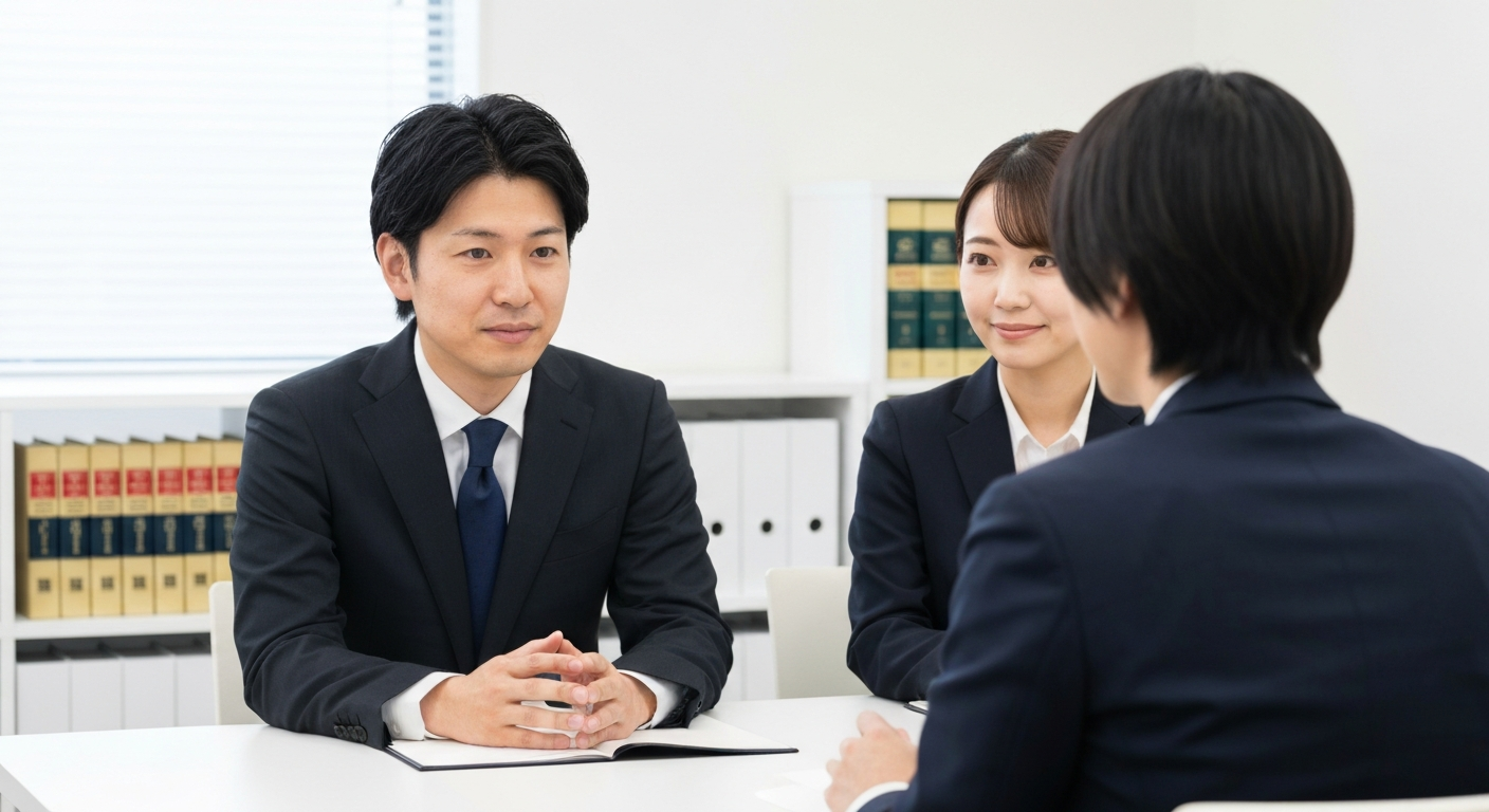 法律事務所で依頼者の話に耳を傾ける男女の日本人弁護士。遺留分問題について親身に相談に乗る様子。