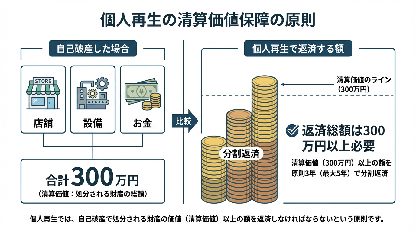 個人再生における清算価値保障の原則を説明する図解