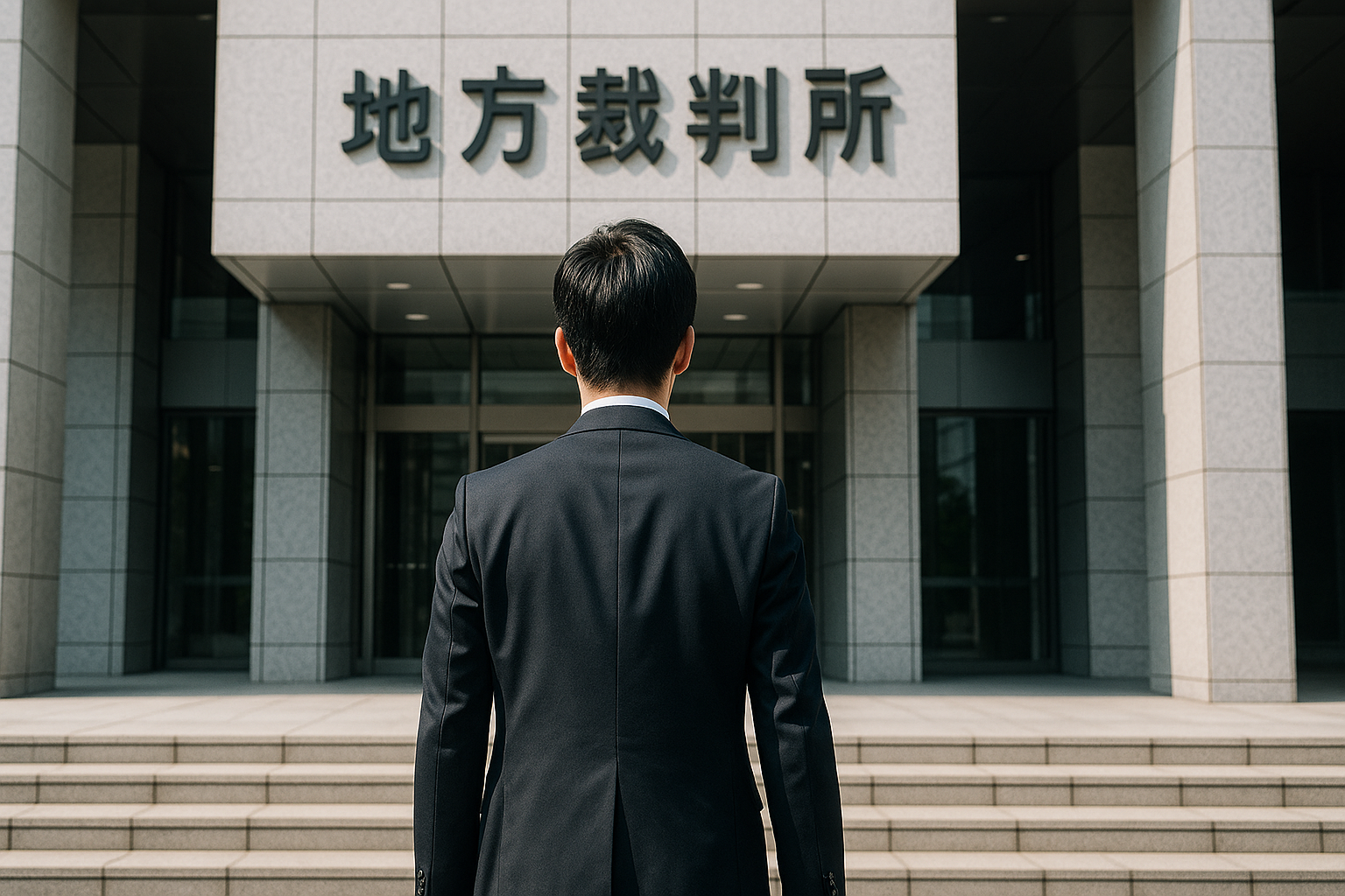 決意を固めて地方裁判所の前に立つ人物の後ろ姿。訴訟提起のステップを象徴している。