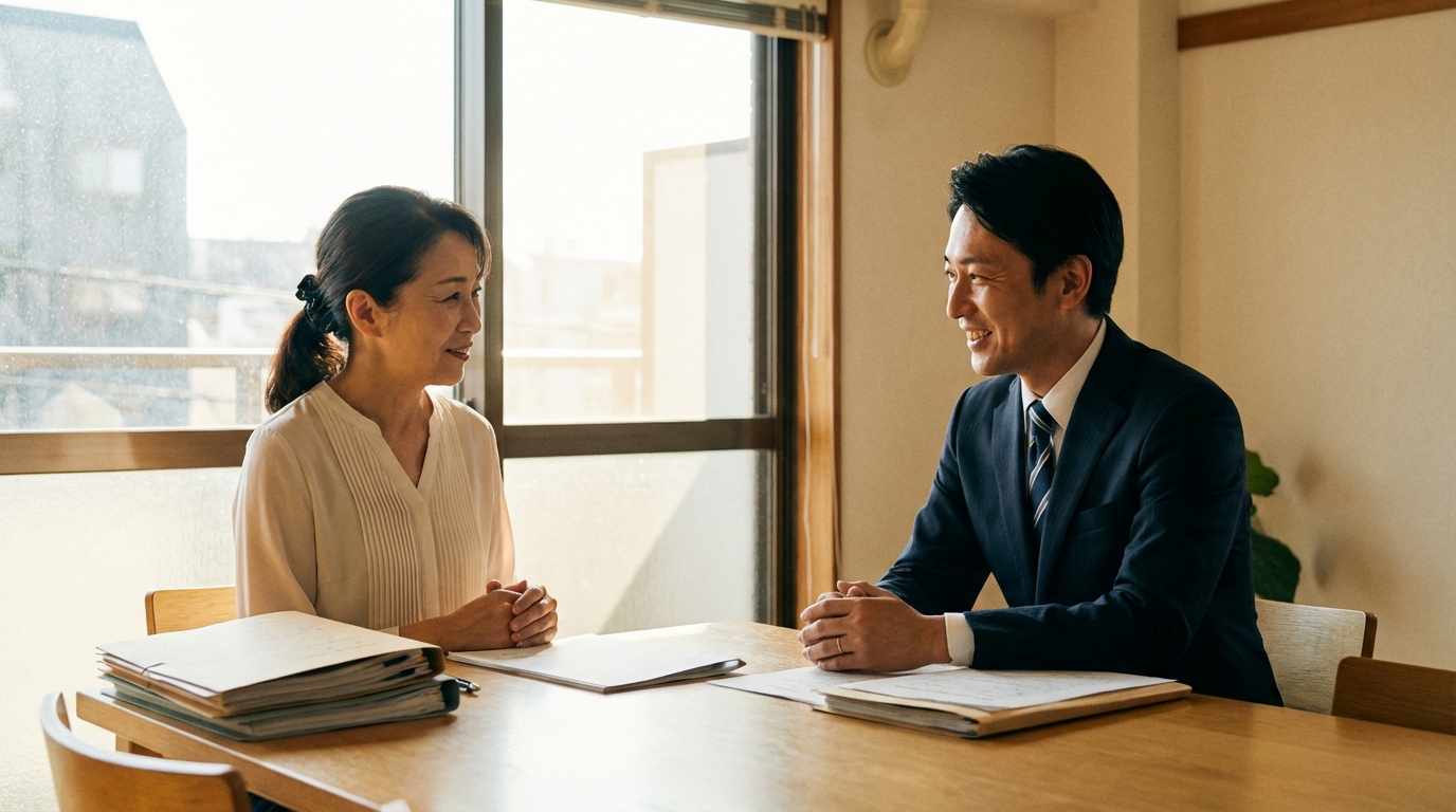 弁護士に相談し、安心した表情を浮かべる女性。専門家に依頼するメリットを示唆している。