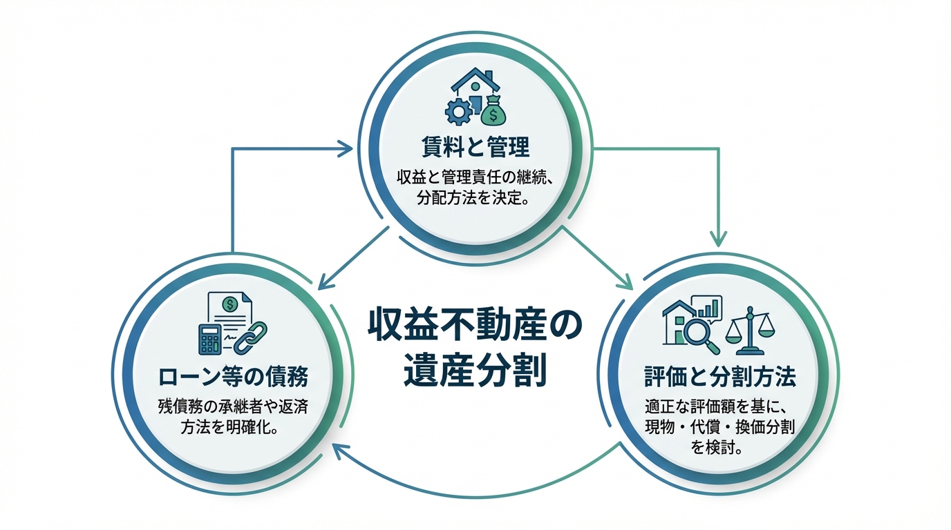 収益不動産の遺産分割で注意すべき3つのポイント(賃料と管理、ローン等の債務、評価と分割方法)を示した図解