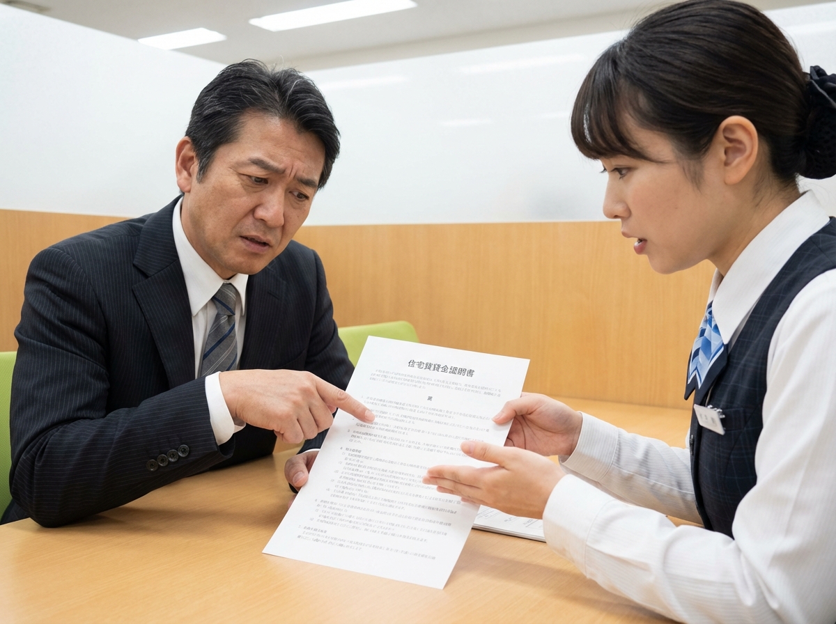 金融機関で不動産ローンの債務承継について相談している男性