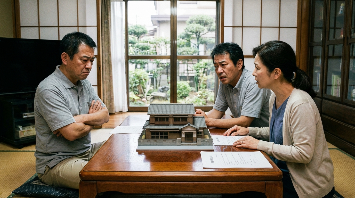 不動産の相続について話し合う3人の相続人。意見が対立している様子。