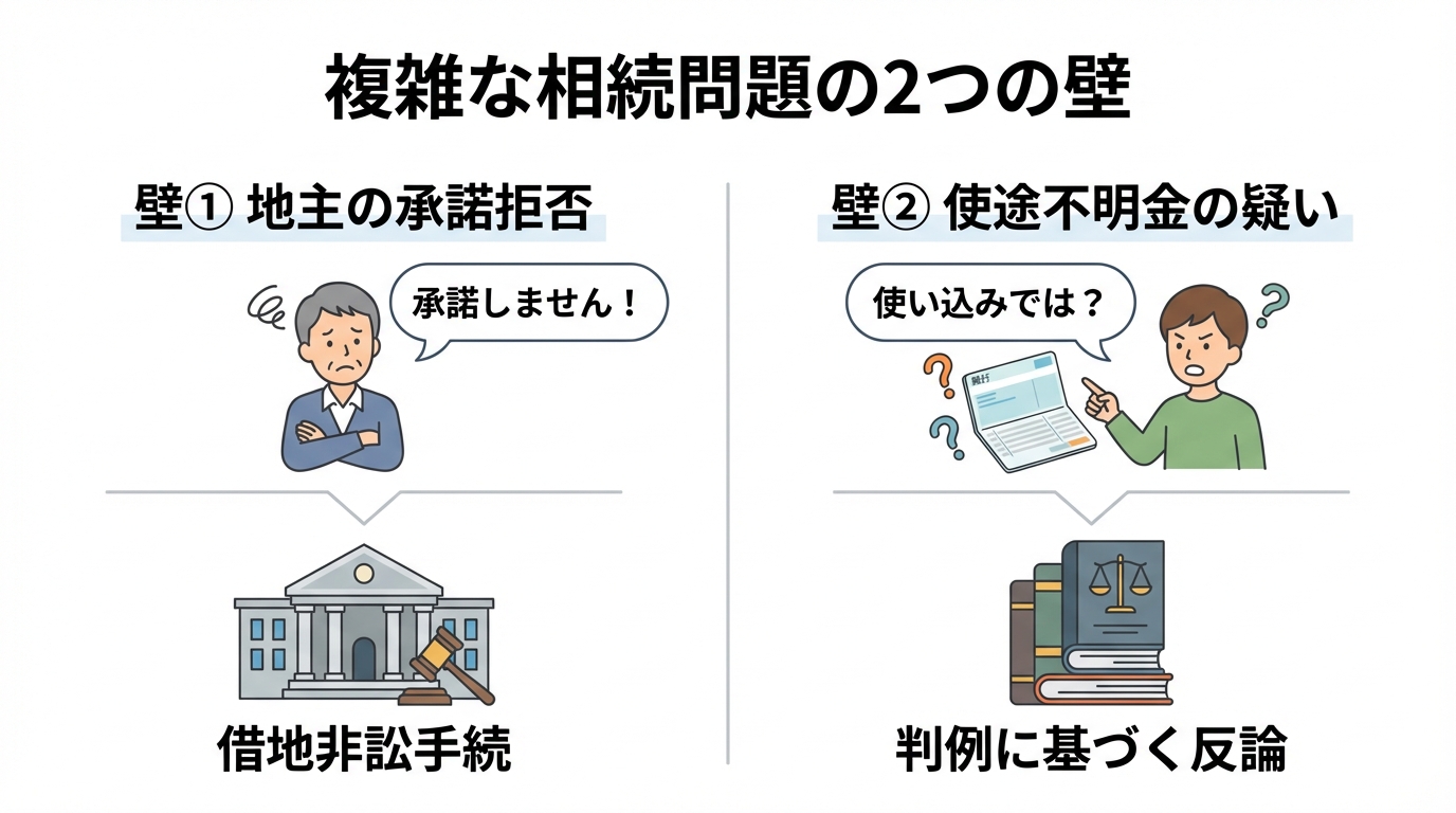 複雑な相続問題における「地主の承諾拒否」と「使途不明金の疑い」という2つの壁と、それぞれの法的解決策を示した図解。